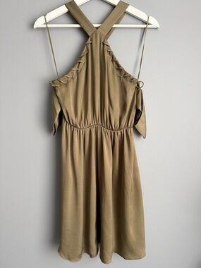 Guess Dress XS Olive Green Halter Cold Shoulder Lace Up Mini Dress Women